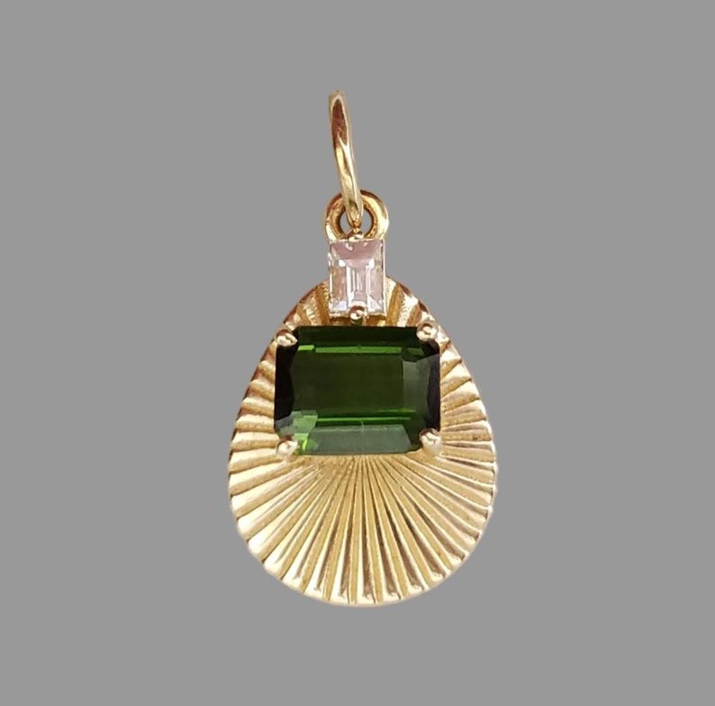Natural Green Tourmaline & Diamond Pendant in 14K Solid Gold