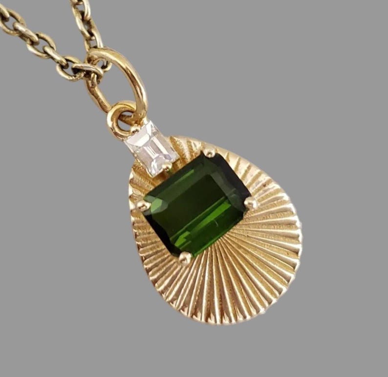 Natural Green Tourmaline & Diamond Pendant in 14K Solid Gold