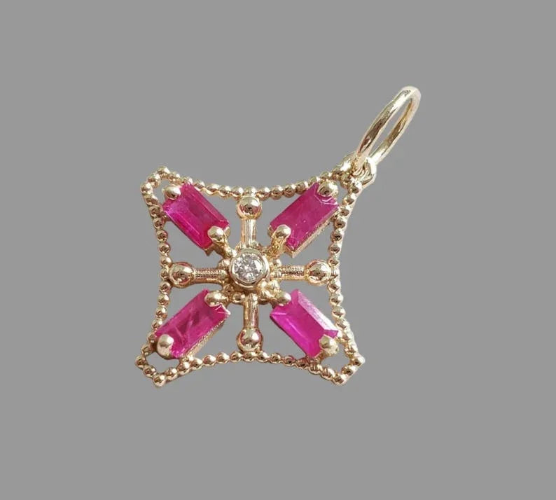 Natural Baguette Ruby & Diamond Pendant in 14K Solid Gold