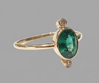 Natural Emerald Diamond 14K Gold Ring, Oval Green Emerald Ring