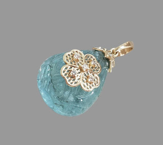 14K Solid Gold Aquamarine Carving with Diamond Pear Pendant