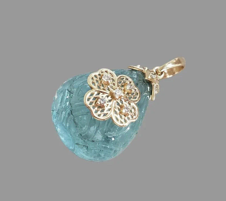 14K Solid Gold Aquamarine Carving with Diamond Pear Pendant
