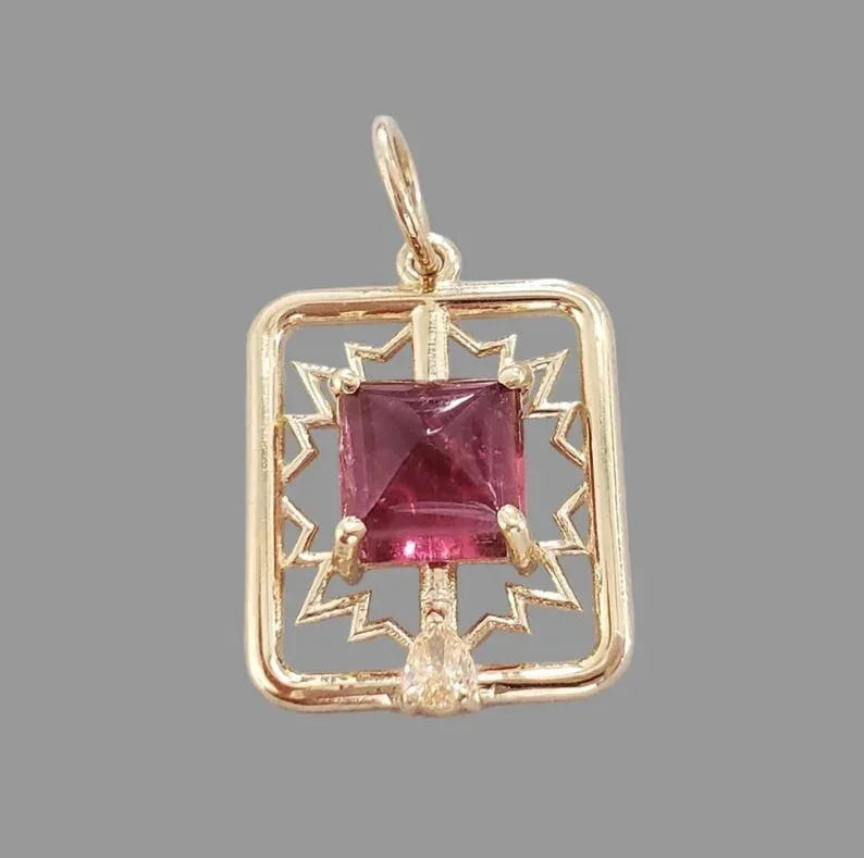 Gold pendant with square ruby and diamond accent, elegant geometric design