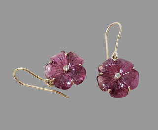 14K Solid Gold Carved Pink Tourmaline & Diamond Flower Earrings