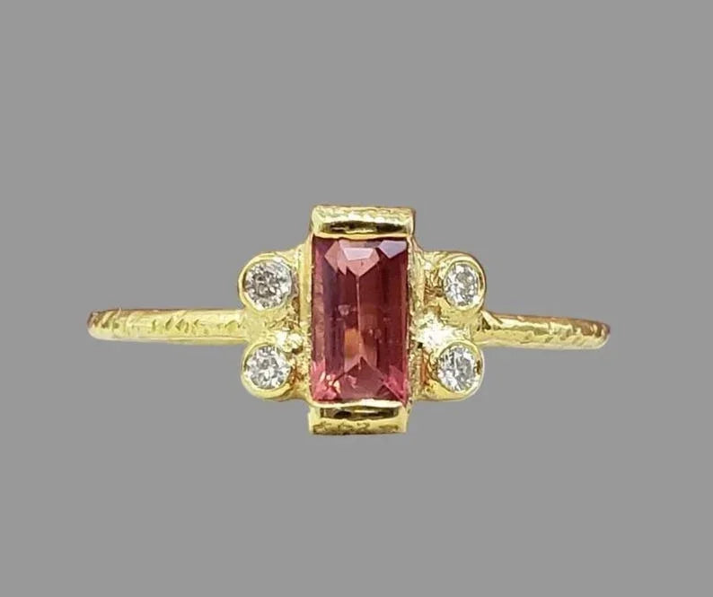 14K Solid Gold Pink Spinel Ring | Baguette Cut Gemstone