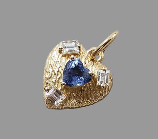 14K Textured Gold Heart Blue Sapphire & Baguette Diamond Pendant