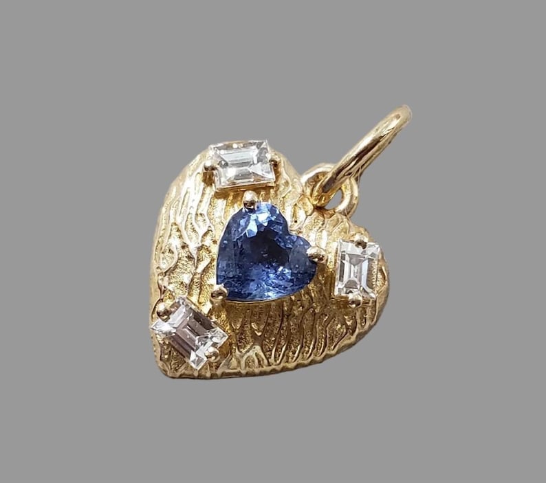 14K Textured Gold Heart Blue Sapphire & Baguette Diamond Pendant