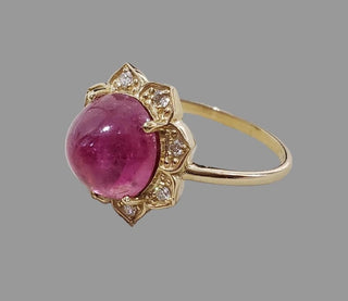 Floral 14K Gold Cabochon Tourmaline & Diamond Ring