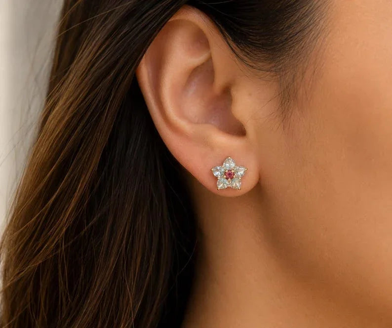 14K Gold Aquamarine & Tourmaline Stud Earrings