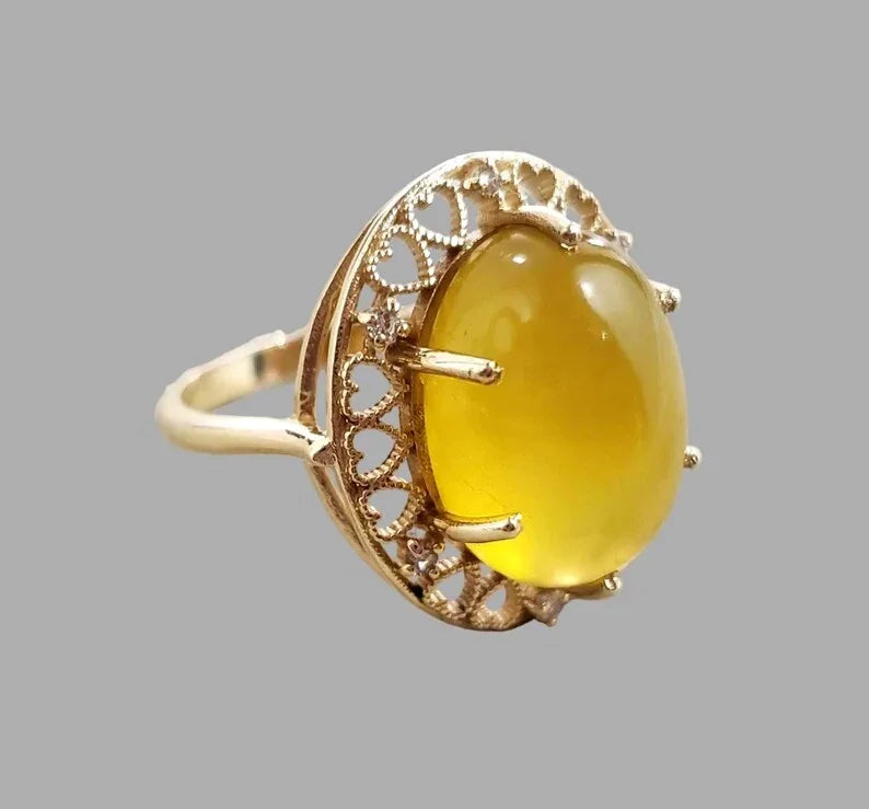 14K Gold Mexican Yellow Opal & Diamond Ring