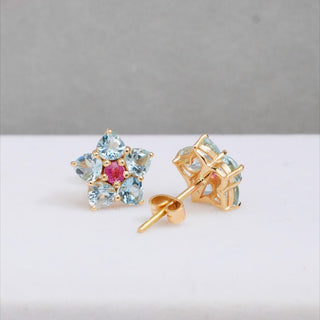 14K Gold Aquamarine & Tourmaline Stud Earrings