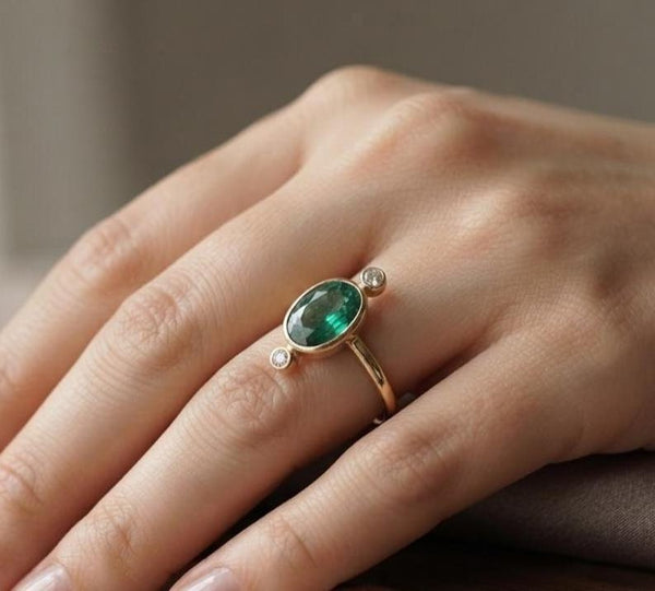 Natural Emerald Diamond 14K Gold Ring, Oval Green Emerald Ring