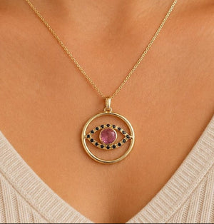 14K Gold Pink Tourmaline & Black Diamond Pendant
