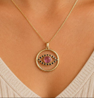 14K Gold Pink Tourmaline & Black Diamond Pendant