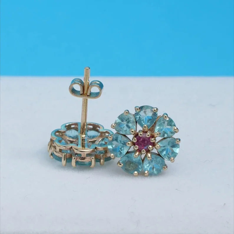 14K Gold Apatite & Tourmaline Stud Earrings