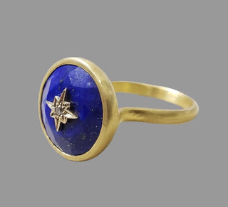 Round Lapis Lazuli 14k Gold Ring with Star Diamond Accents