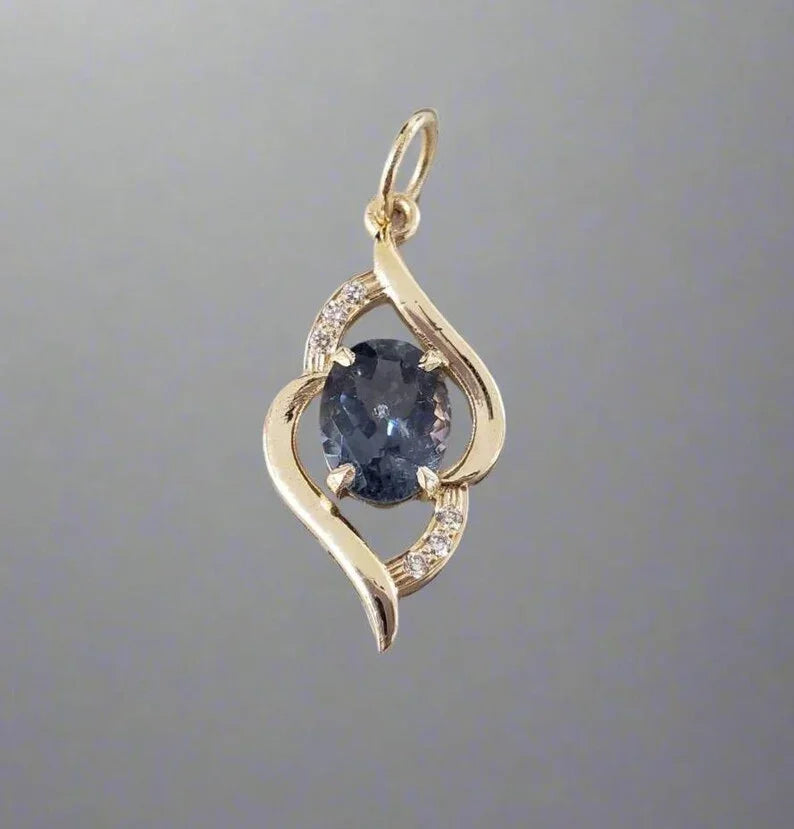 14k Gold Natural Blue Tourmaline Pendant and Brilliant Cut Diamond