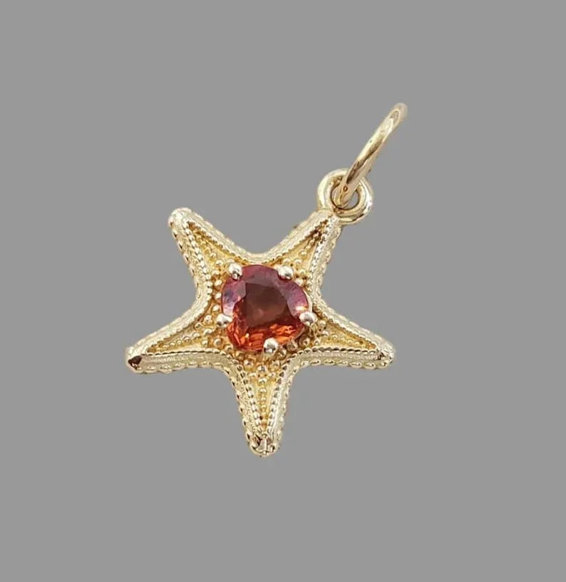 14K Gold Orange Sapphire Star Pendant, Natural Sapphire
