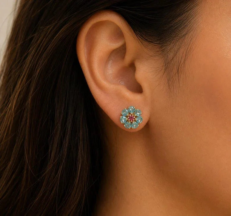14K Gold Apatite & Tourmaline Stud Earrings