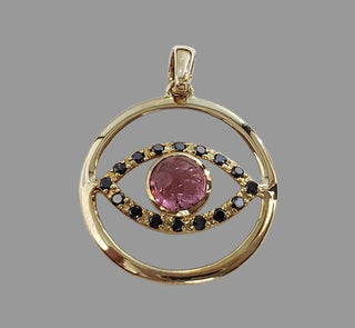 14K Gold Pink Tourmaline & Black Diamond Pendant