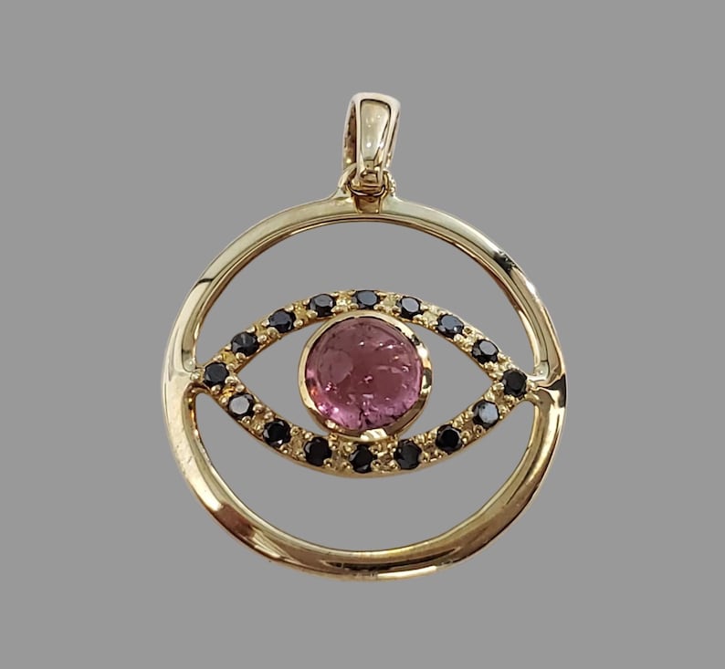 14K Gold Pink Tourmaline & Black Diamond Pendant