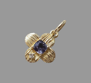 14K Gold Blue Spinel Diamond Pendant, Textured Gold