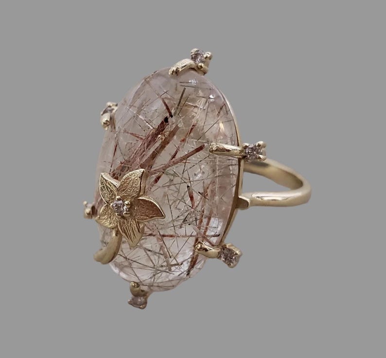 14K Gold Rutile Quartz Diamond Ring, Stone Overlay