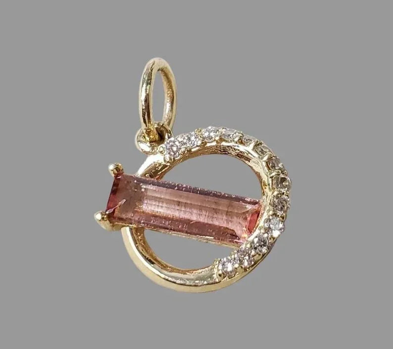 14K Gold Baguette Tourmaline & Diamond Pendant