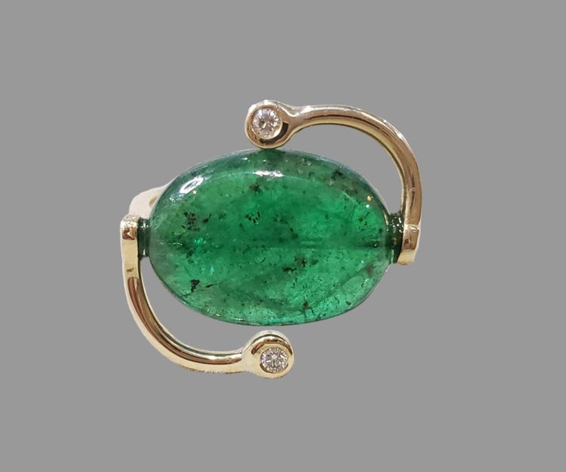 Drilled 14K Gold Natural Tumble Emerald Diamond Ring