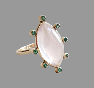 Milky Rose Quartz Emerald 14k Ring, Marquise Cabochon