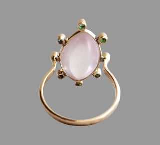 Milky Rose Quartz Emerald 14k Ring, Marquise Cabochon