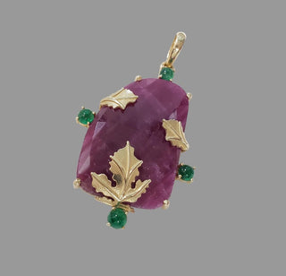 14k Gold Natural Ruby and Emerald Handmade Pendant