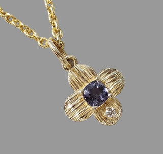 14K Gold Blue Spinel Diamond Pendant, Textured Gold