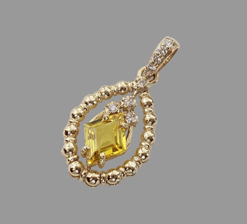 14K Gold Natural Yellow Sapphire Diamond Pendant