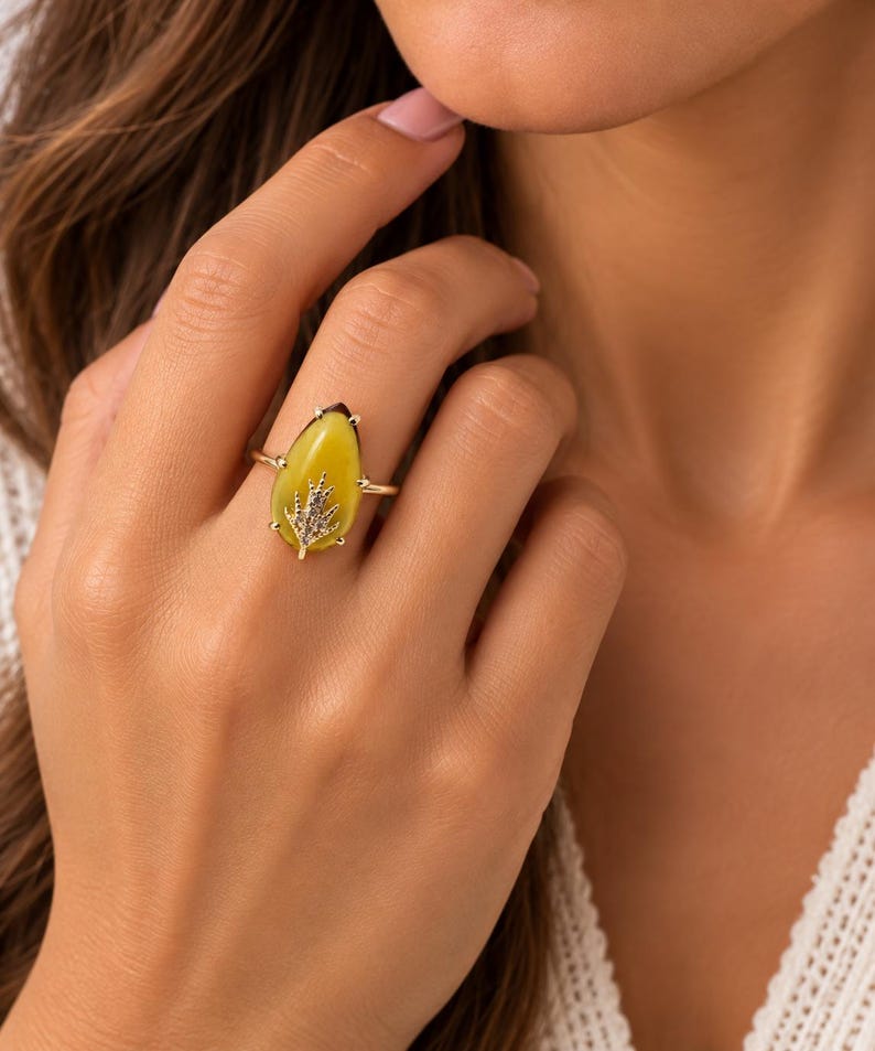 14K Gold Yellow Opal Diamond Ring, Natural Smooth Cabochon