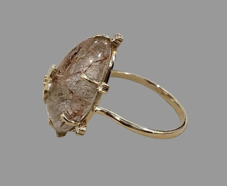 14K Gold Rutile Quartz Diamond Ring, Stone Overlay