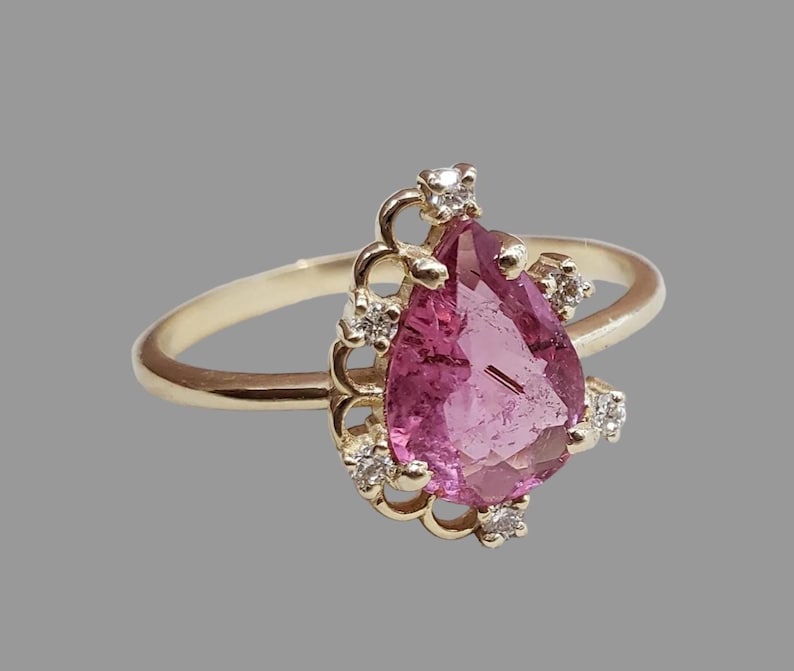 14K Gold Pink Tourmaline Diamond Ring, Teardrop Shape