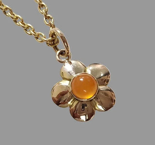 Handmade Floral Carnelian Pendant, 14K Gold Shiny Polish