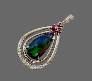 14K Gold Black Opal Pendant, Multi Fire Opal & Diamond Necklace