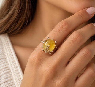 Natural Mexican Opal Ring, 14K Solid Gold, Yellow Opal Gemstone