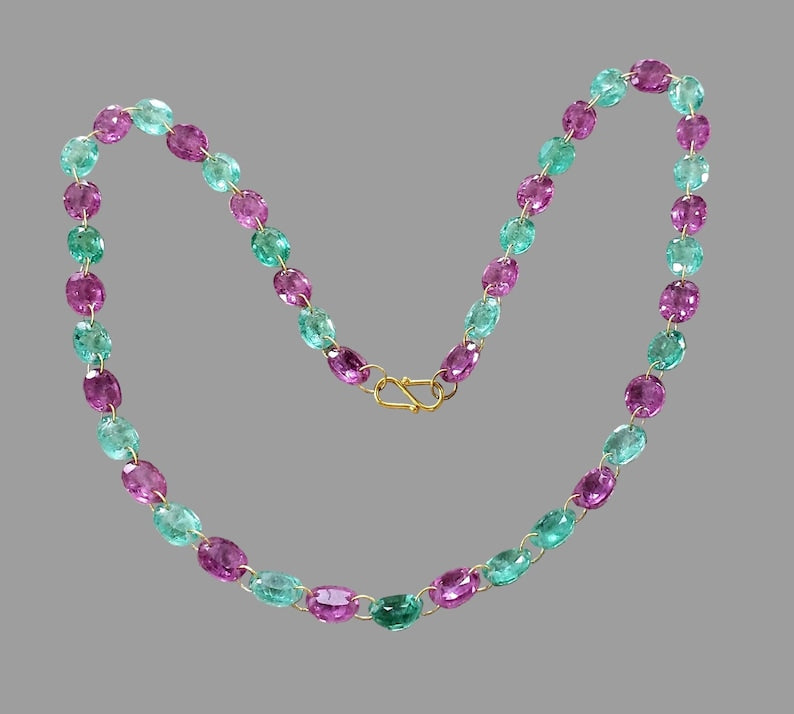 14K Gold Lab Grown Emerald & Tourmaline Necklace