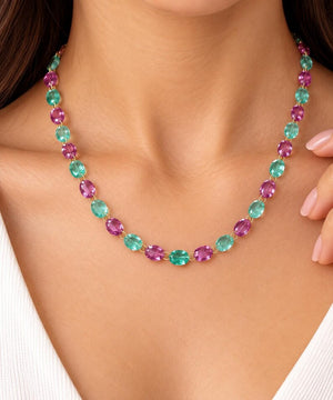 14K Gold Lab Grown Emerald & Tourmaline Necklace
