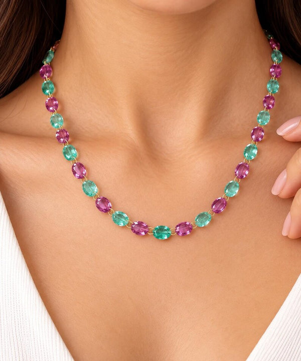 14K Gold Lab Grown Emerald & Tourmaline Necklace