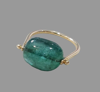 14K Gold Tumble Emerald Ring, Drilled Stone Ring