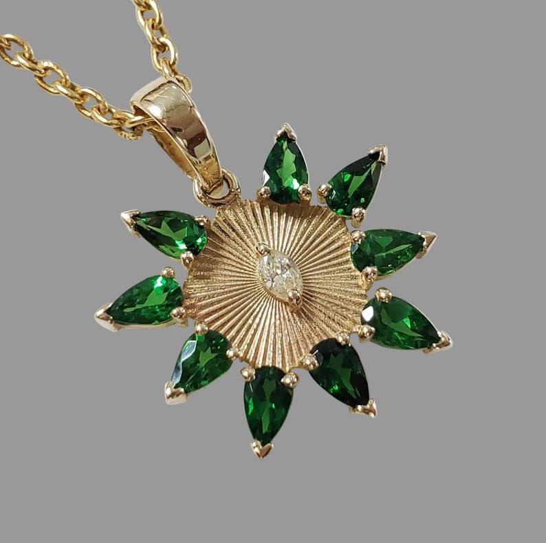 14K Gold Tsavorite Diamond Pendant, Green Garnet Necklace