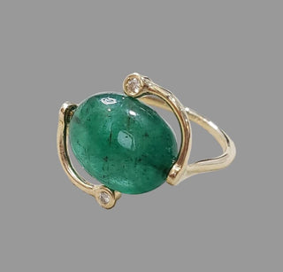 Drilled 14K Gold Natural Tumble Emerald & Diamond Ring