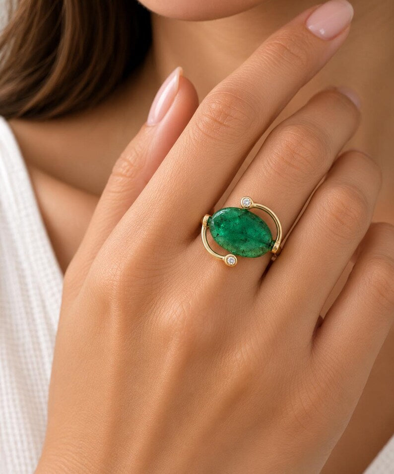 Drilled 14K Gold Natural Tumble Emerald Diamond Ring