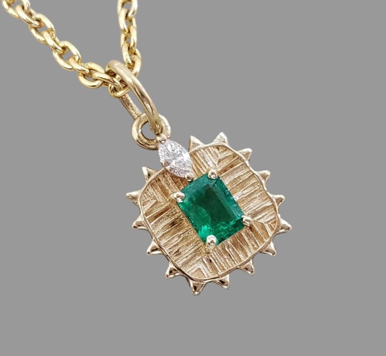 14K Gold Emerald Diamond Pendant, Marquise Diamond