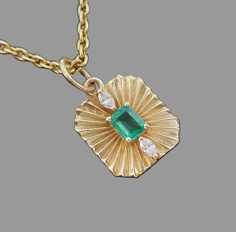 Textured 14K Gold Emerald Pendant, Diamond Accent