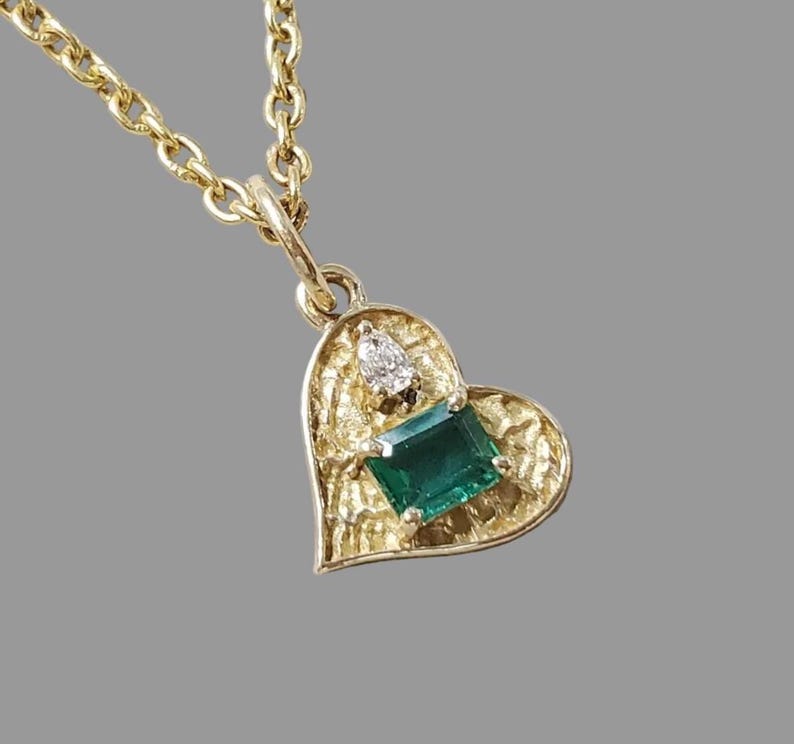 14k Gold Textured Heart Charm, Natural Emerald & Diamond